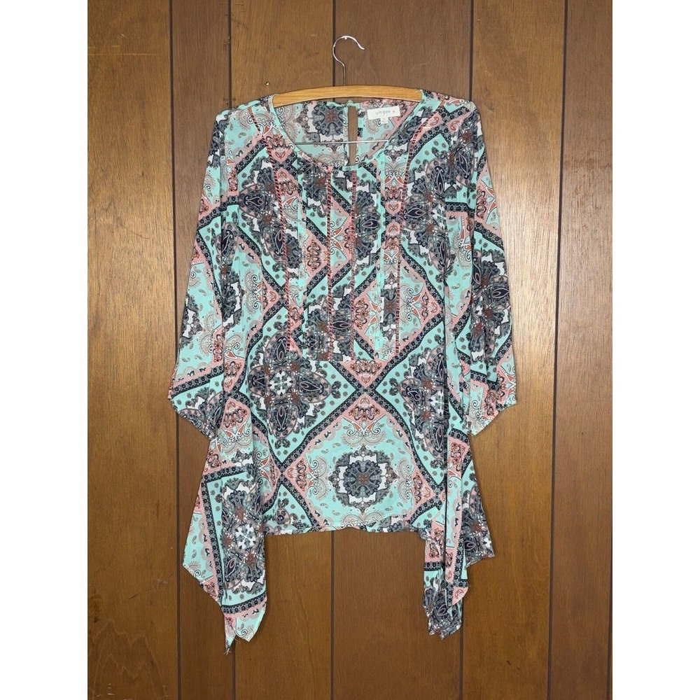 Umgee Top Womens 1XL Floral Green Paisley Boho Artsy Tunic Sheer Forest Fairy